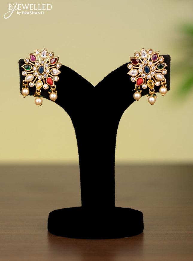 Antique attigai necklace with navaratna & cz  stones and pearl hangings