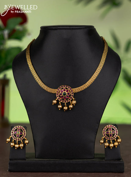 Antique Attigai Necklace floral design with ruby,emerald stones and gold hangings