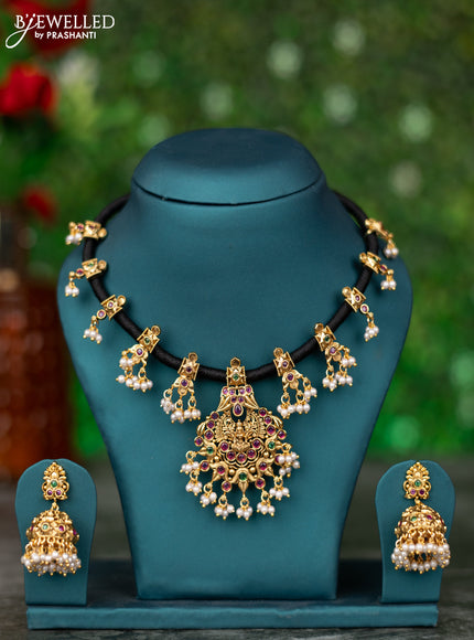 Black thread necklace lakshmi design with kemp stones and pearl hangings