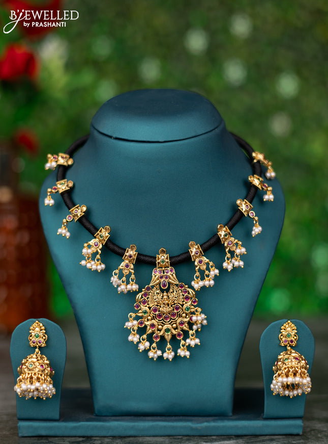 Black thread necklace lakshmi design with kemp stones and pearl hangings
