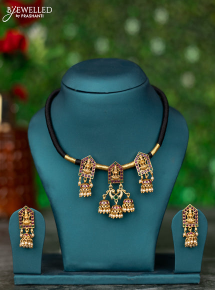 Black thread necklace lakshmi design with kemp stones and pearl hangings