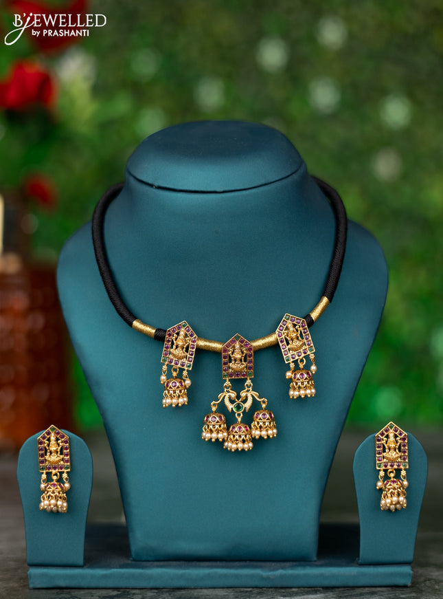 Black thread necklace lakshmi design with kemp stones and pearl hangings