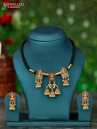 Black thread necklace lakshmi design with kemp stones and pearl hangings