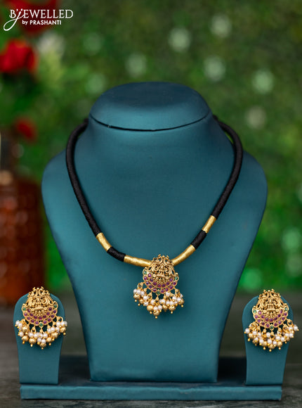 Black thread necklace lakshmi design with kemp stones and pearl & golden beads hangings