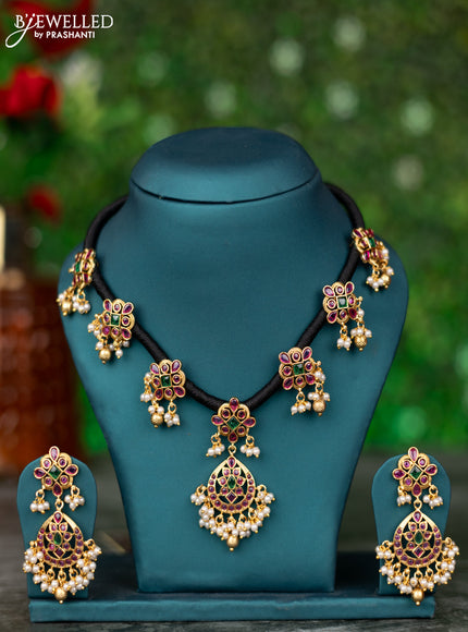 Black thread necklace lakshmi design with kemp stones and pearl & golden beads hangings