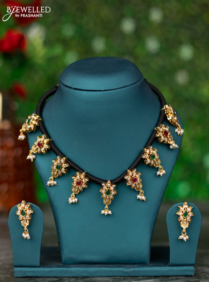 Black thread necklace with kemp & cz stones and pearl hangings