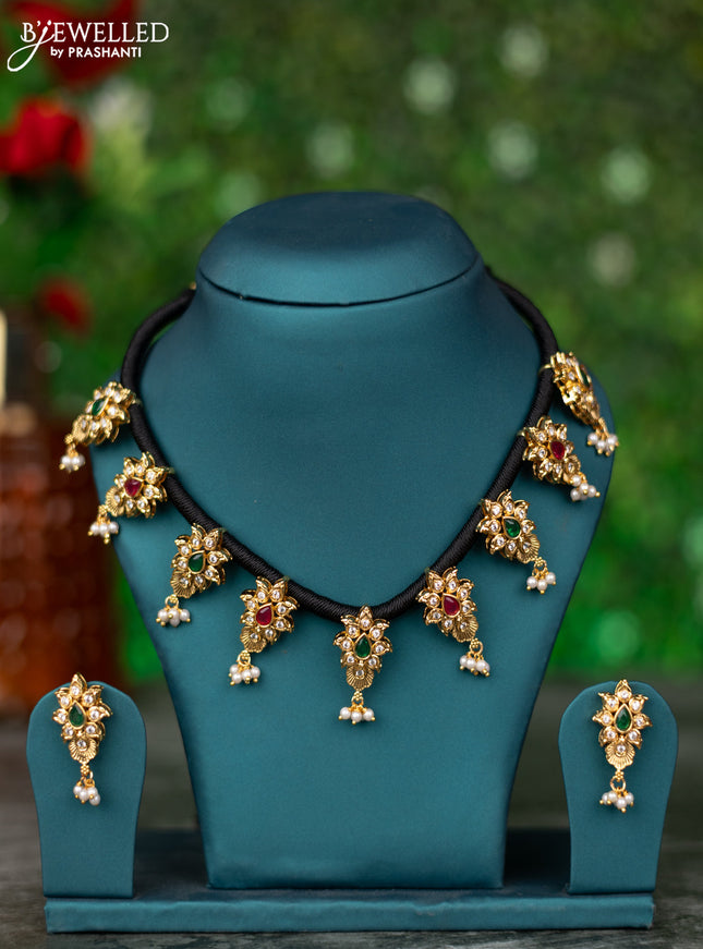 Black thread necklace with kemp & cz stones and pearl hangings