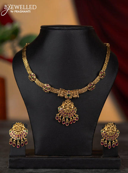 Antique attigai necklace lakshmi design with kemp stones and hangings