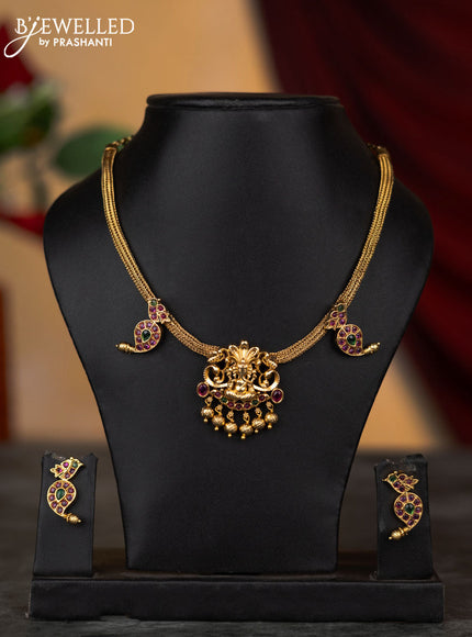 Antique attigai necklace ganesha & manga design with kemp stones and golden beads hangings