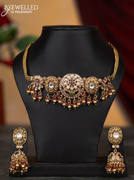 Antique attigai necklace with kemp & kundan stones and golden beads hangings