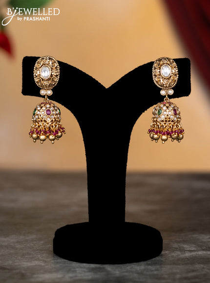 Antique attigai necklace with kemp & kundan stones and golden beads hangings