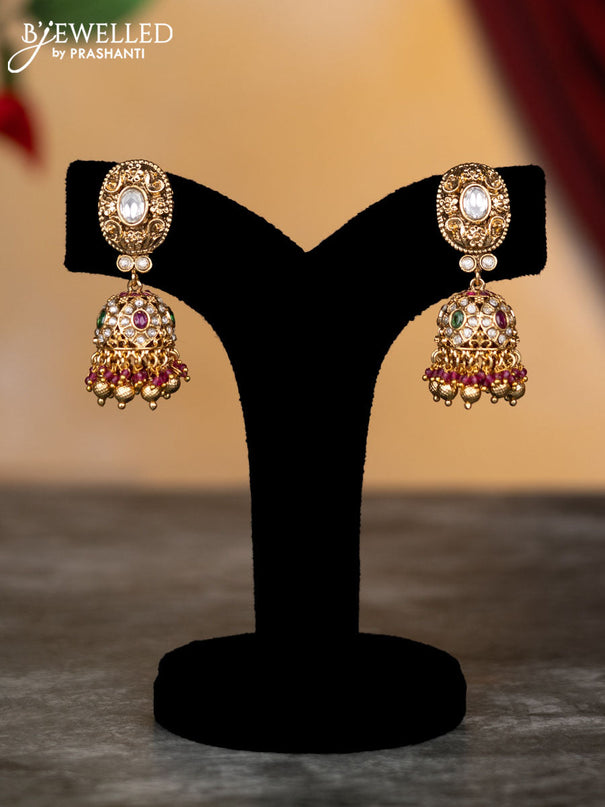 Antique attigai necklace with kemp & kundan stones and golden beads hangings
