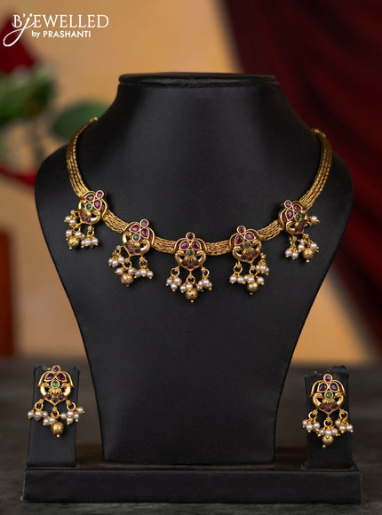 Antique attigai necklace peacock design with kemp stones and pearl & golden beads hangings
