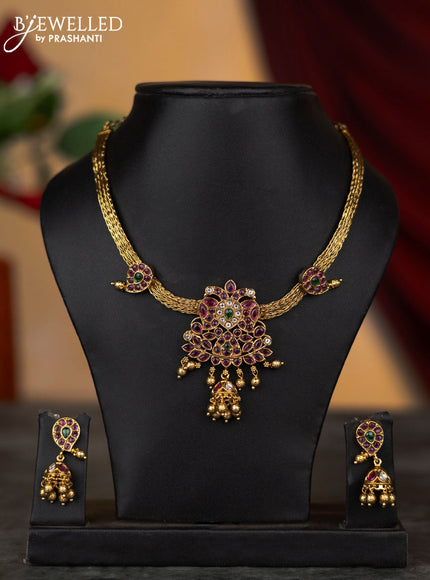 Antique attigai necklace manga pattern with kemp & kundan stones and golden beads hangings