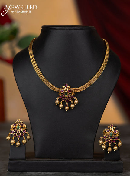 Antique attigai necklace peacock design with kemp stones and golden beads hangings