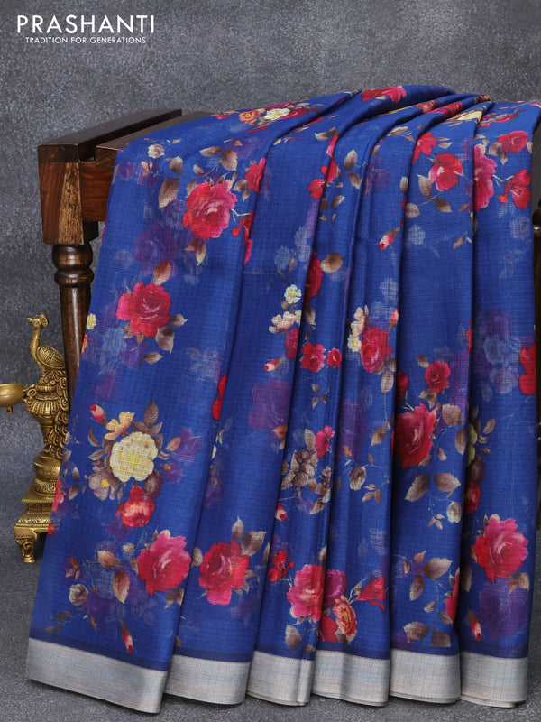 Kota silk cotton saree blue   with allover floral prints and simple border