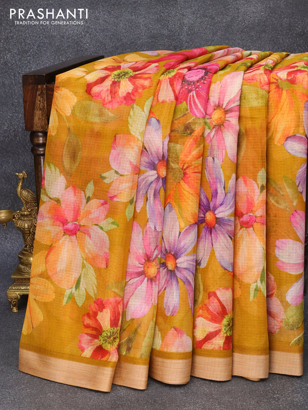 Kota silk cotton saree mustard yellow   with allover floral prints and simple border