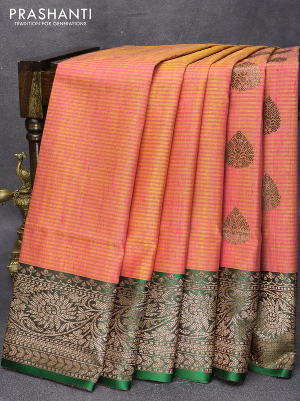 Banarasi handloom dupion saree dual shade of pinkish yellow and green with thread & zari woven buttas and floral design zari woven border