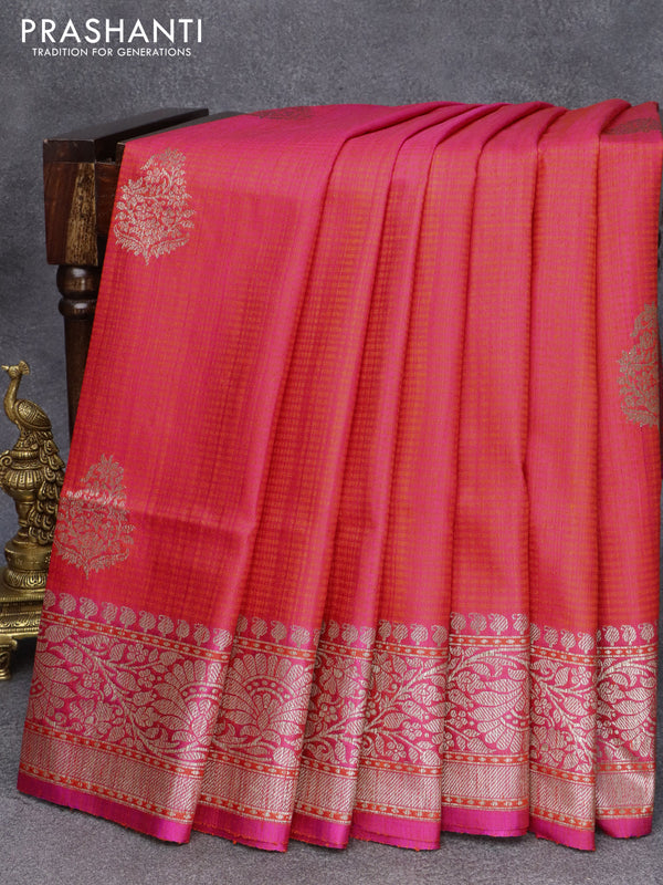 Banarasi handloom dupion saree dual shade of orange and dual shade of pink with allover thread & zari woven buttas and floral design zari woven border