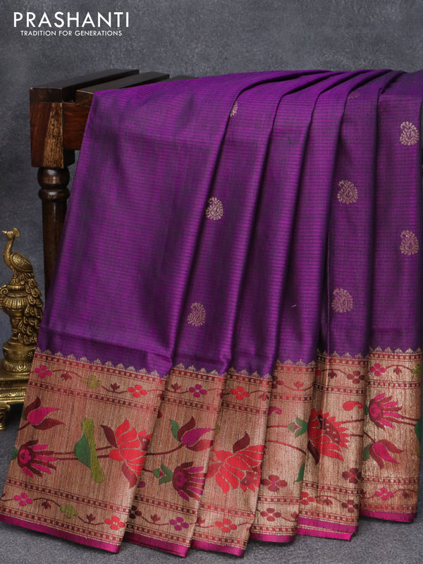 Banarasi handloom dupion saree deep violet and pink with paisley zari woven buttas and floral design zari woven paithani border