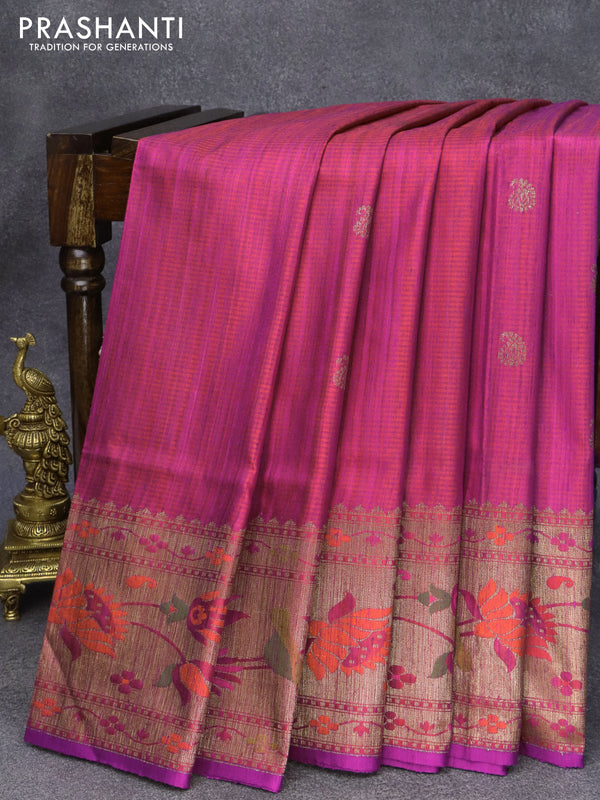 Banarasi handloom dupion saree dual shade of pink and purple with paisley zari woven buttas and floral design zari woven paithani border