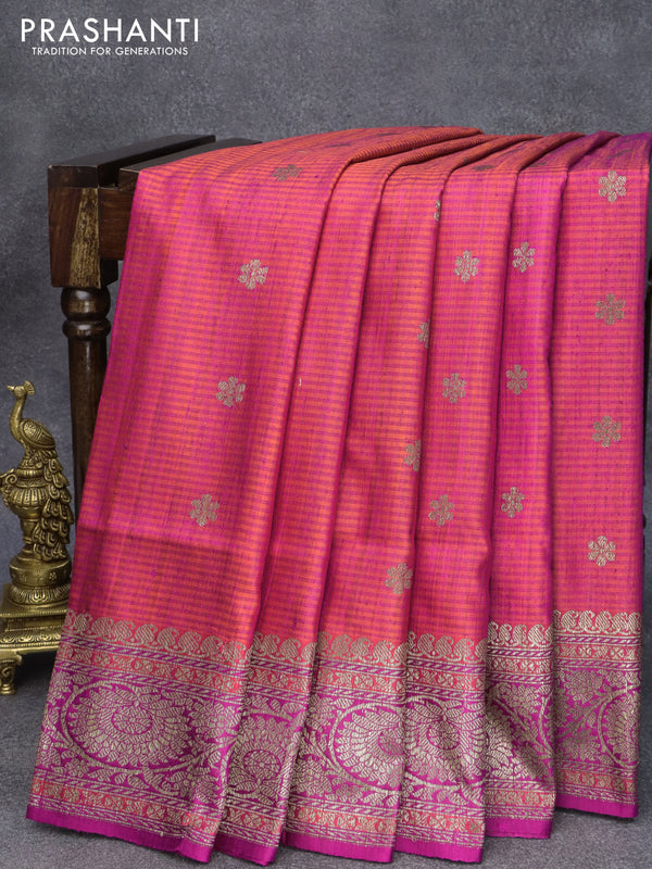 Banarasi handloom dupion saree dual shade of pinkish orange and purple with zari woven floral buttas and floral design zari woven border