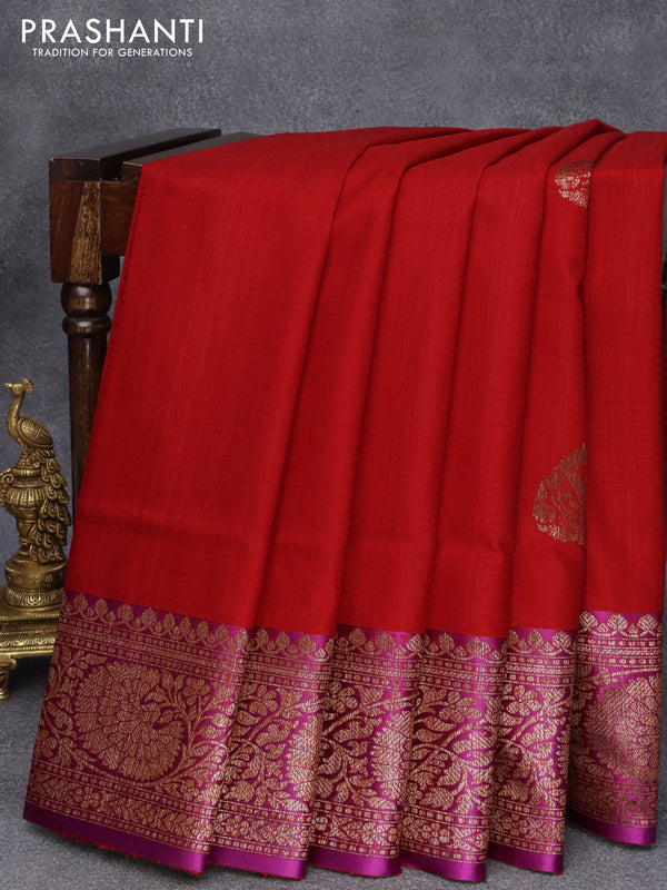 Banarasi handloom dupion saree red and purple with allover thread & zari woven buttas and long woven border