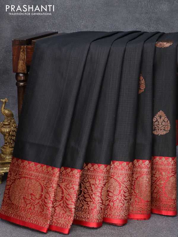 Banarasi handloom dupion saree black and red with allover thread & zari woven buttas and long woven border