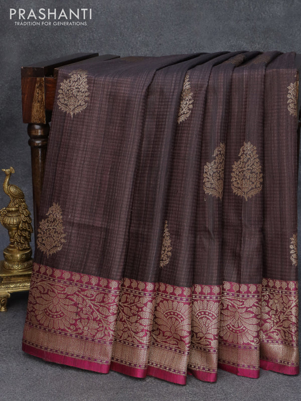 Banarasi handloom dupion saree dark brown and magenta pink with allover thread & zari woven buttas and floral design zari woven border