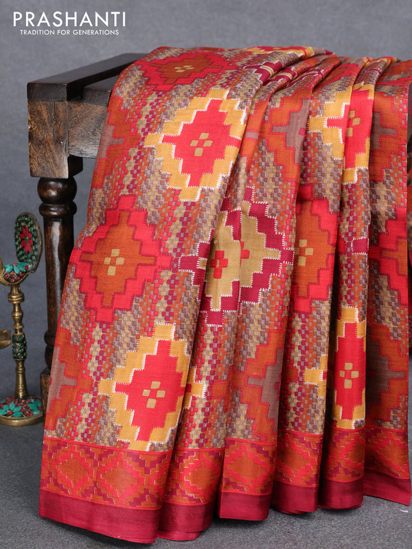 Murshidabad silk saree multi colour and maroon with allover geometric prints and printed border