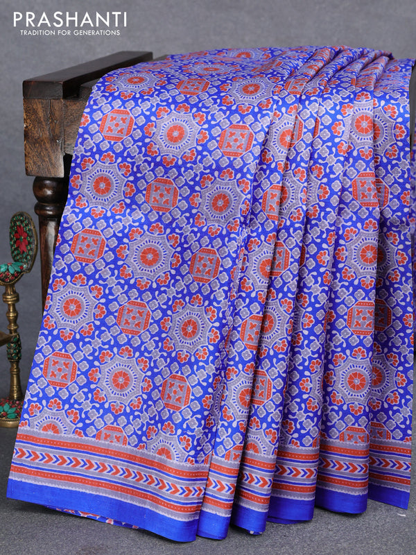 Murshidabad silk saree royal blue and grey with allover ajrakh prints and printed border