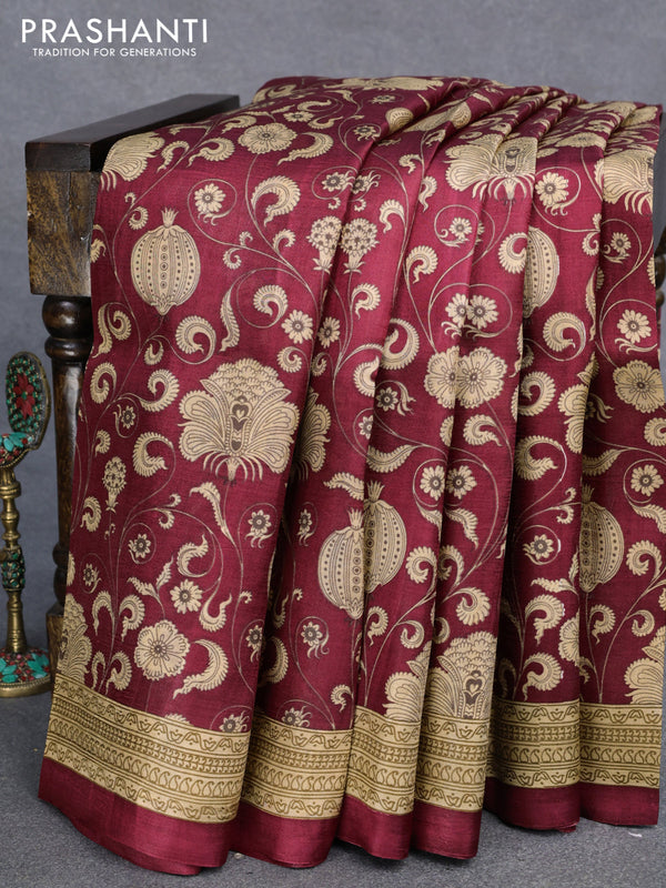 Murshidabad silk saree deep maroon  with allover kalamkari prints and printed border