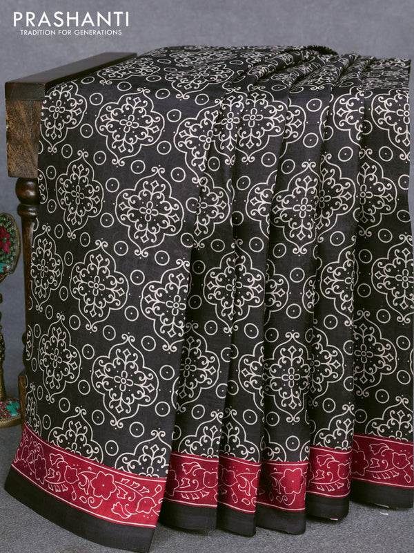 Murshidabad silk saree black and red with allover prints and printed border