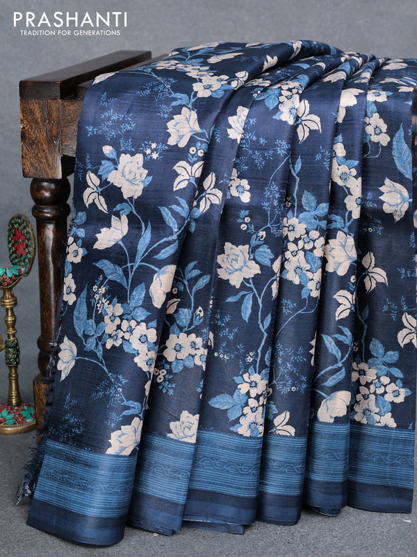 Murshidabad silk saree dark blue  with allover floral prints and printed border
