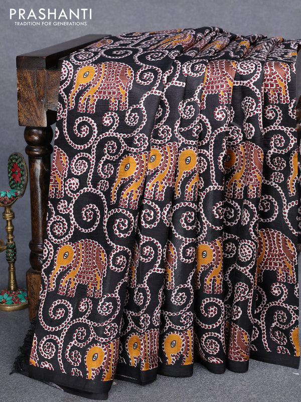 Murshidabad silk saree black  with allover elephant design prints in borderless style
