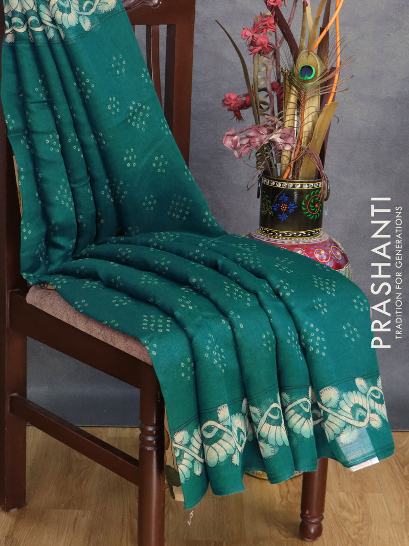 Semi linen saree teal blue shade and beige with allover bandhani butta prints and kalamkari prints pallu