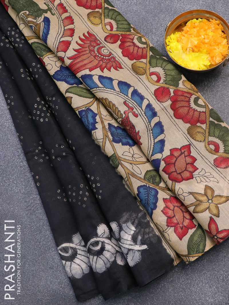 Semi linen saree black  with allover bandhani butta prints and kalamkari prints pallu