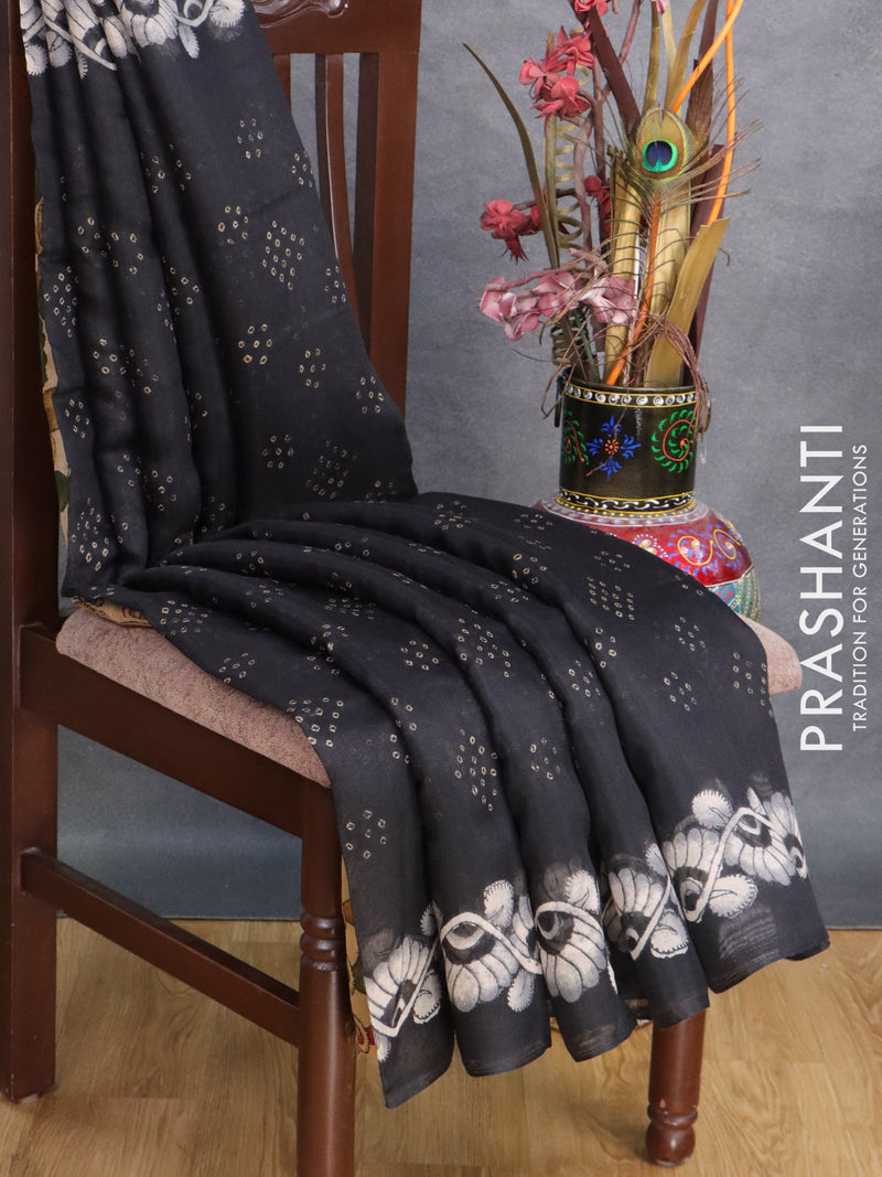 Semi linen saree black  with allover bandhani butta prints and kalamkari prints pallu