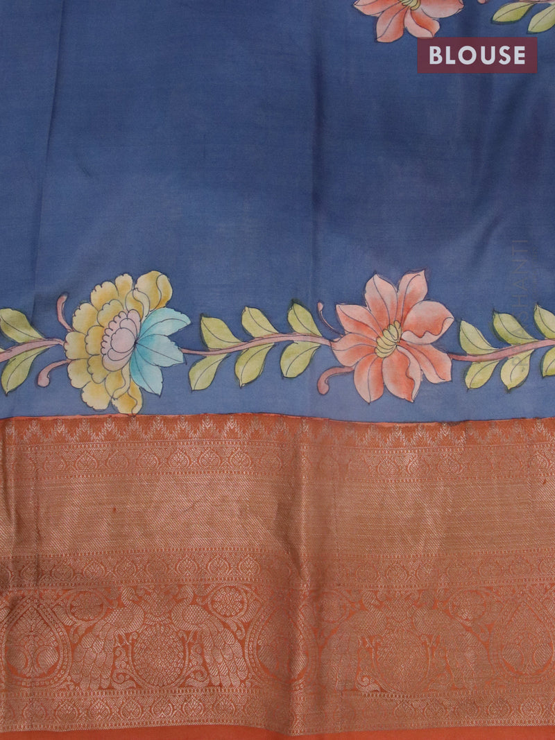 Pure kanjivaram silk saree teal blue and rust shade with allover floral digital prints and long zari woven border