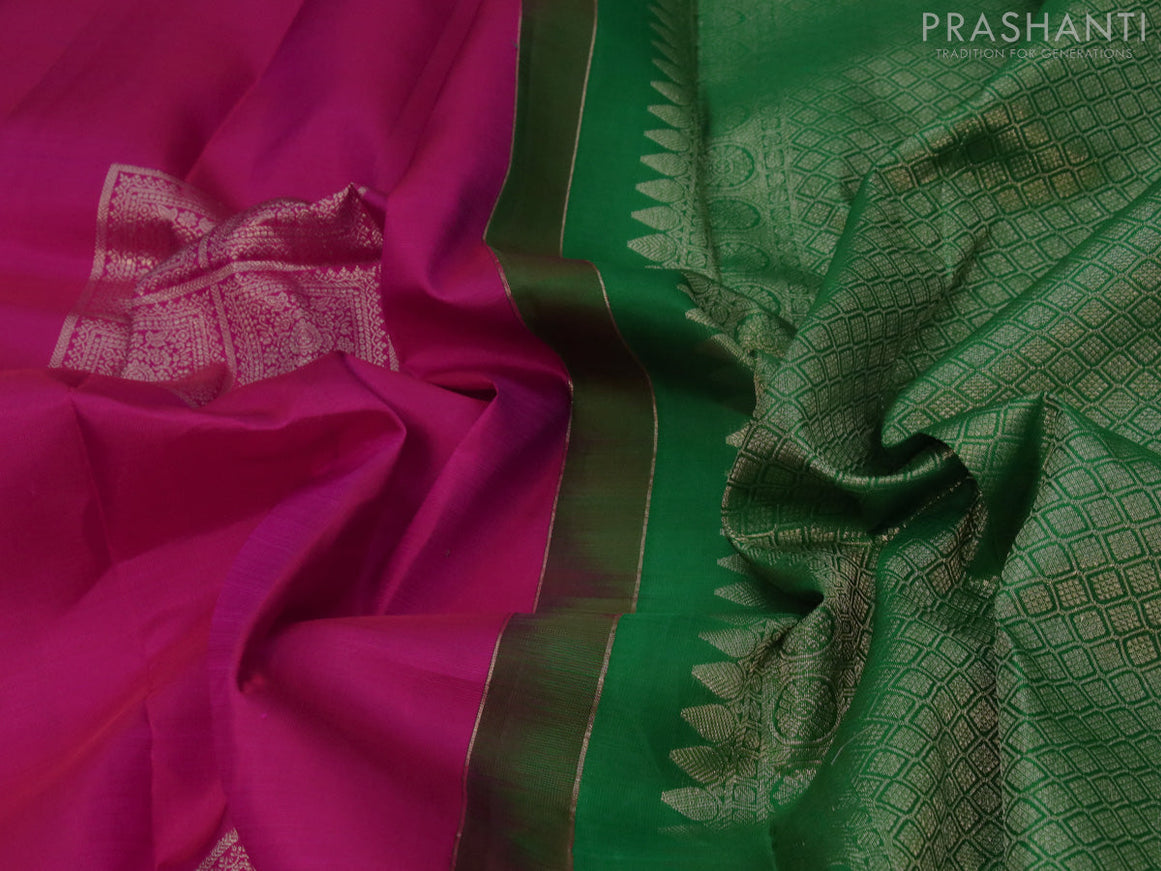 Pure kanjivaram silk saree pink and green with zari woven box type buttas in borderless style