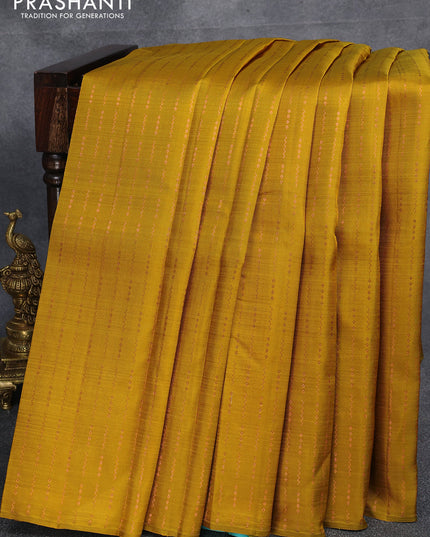 Pure kanjivaram silk saree mustard yellow and teal blue with allover copper zari weaves in borderless style