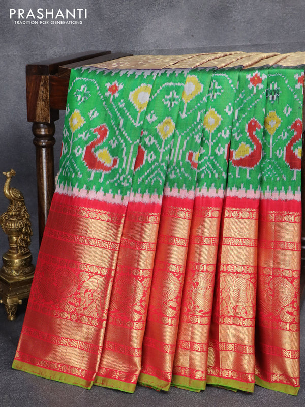 Pochampally silk saree dual shade of violet and red with allover ikat weaves and long zari woven annam elephant design border
