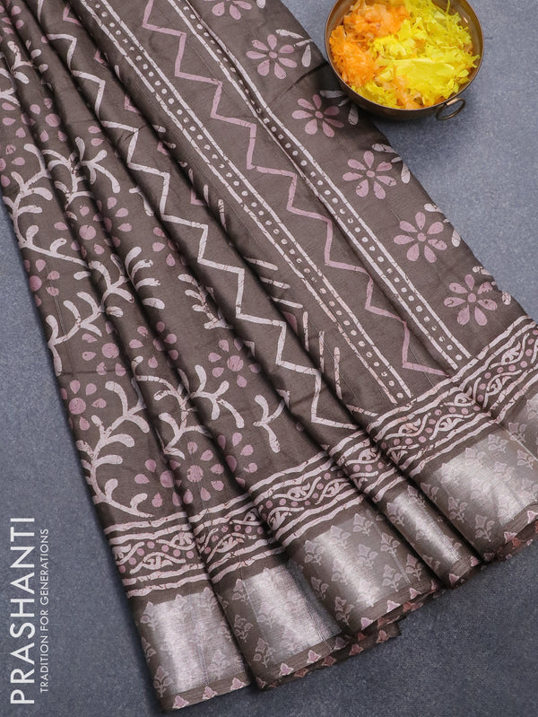 Semi dola saree dark grey with allover batik prints and zari woven border