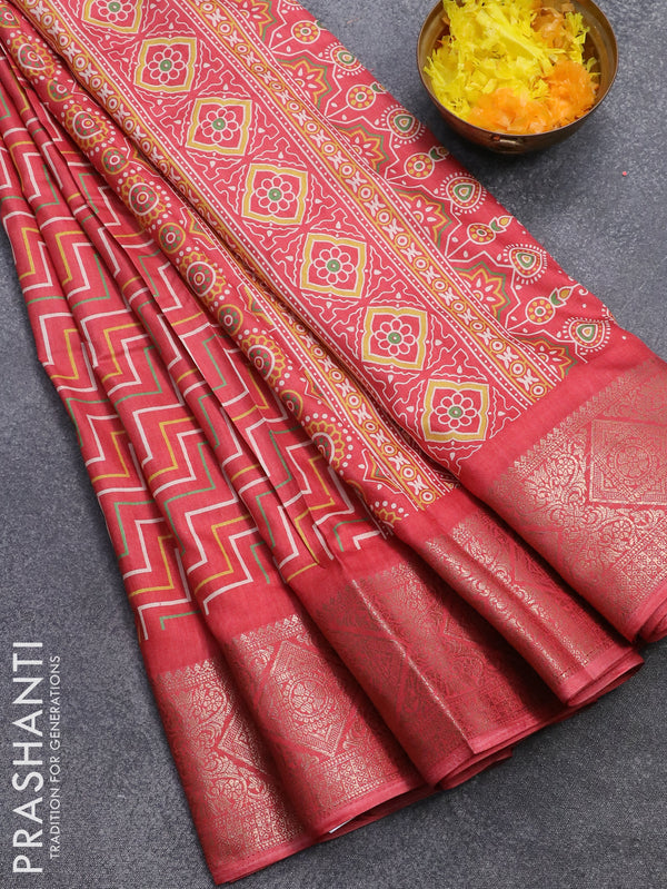 Semi dola saree red shade with allover geometric prints and zari woven border