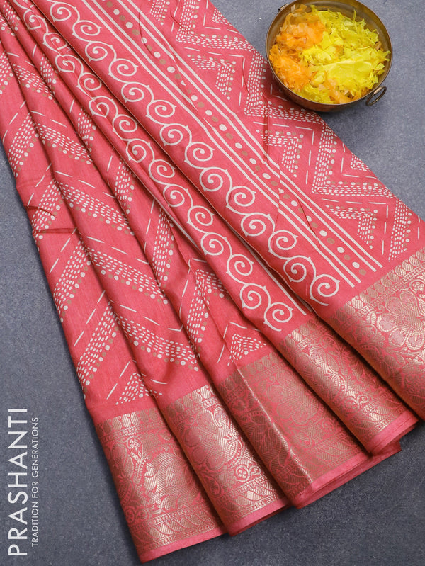 Semi dola saree pink with allover prints and floral zari woven border