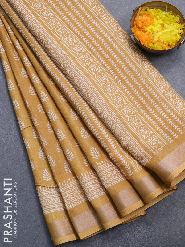 Semi dola saree mustard yellow with allover butta prints and zari woven border