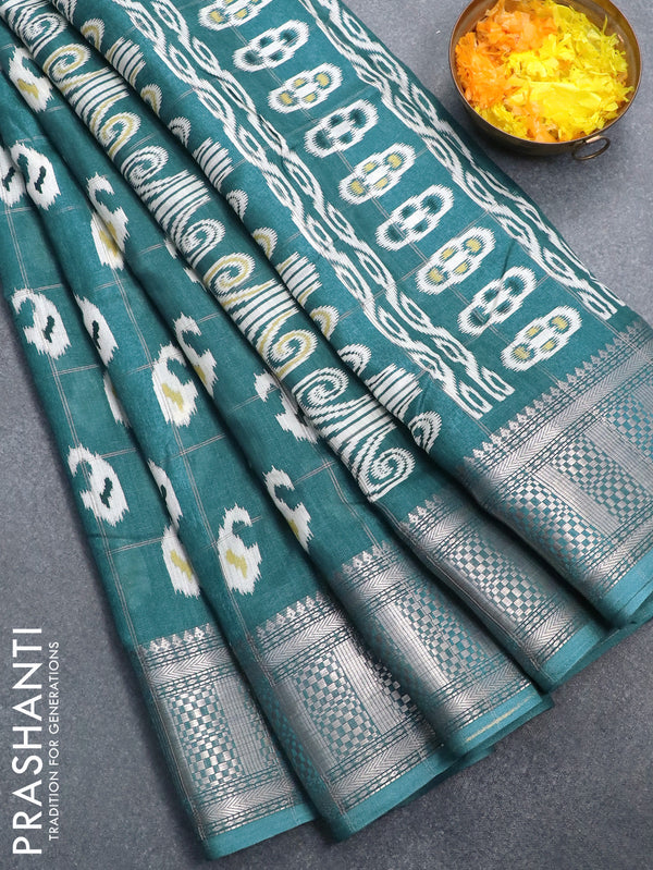 Semi dola saree teal blue shade with allover zari checks & paisley butta prints and zari woven border