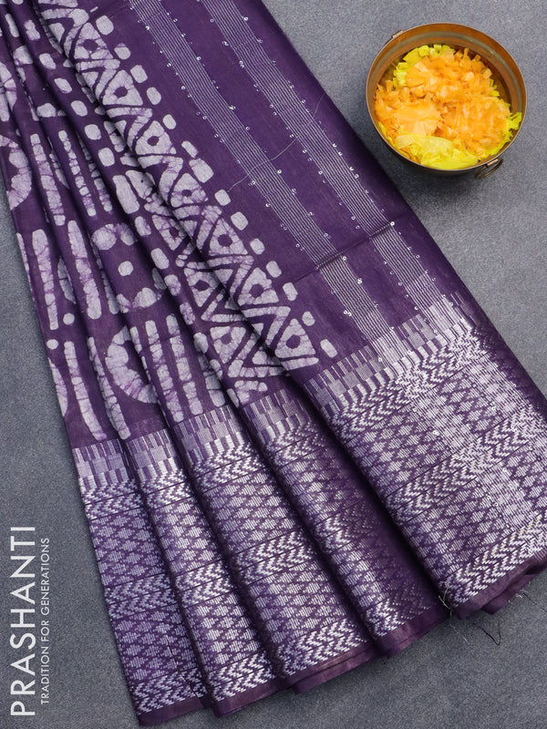 Semi tussar saree deep violet with allover batik prints & sequin work pallu and long temple design silver zari woven border