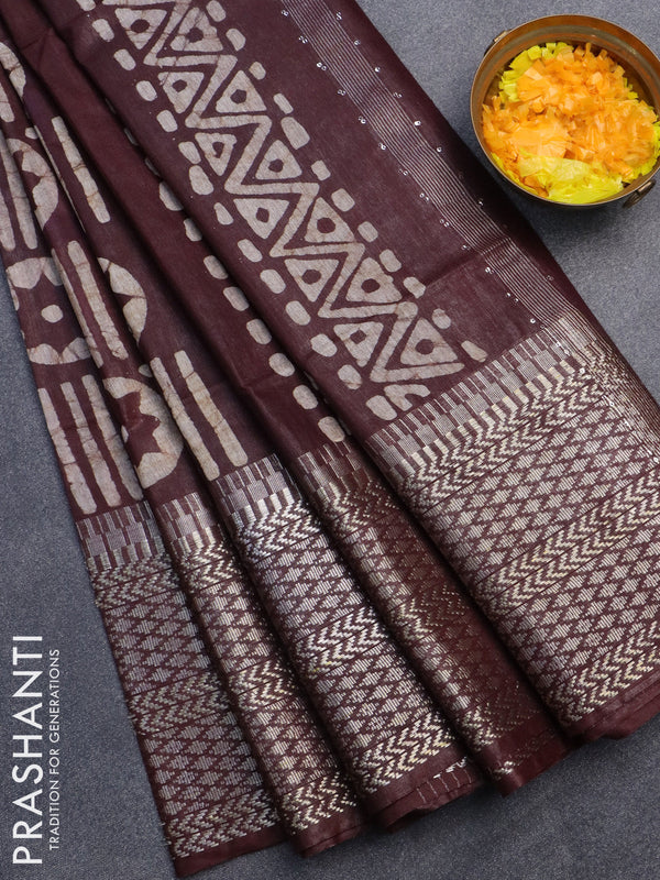 Semi tussar saree teal blue with allover batik prints & sequin work pallu and long temple design silver zari woven border