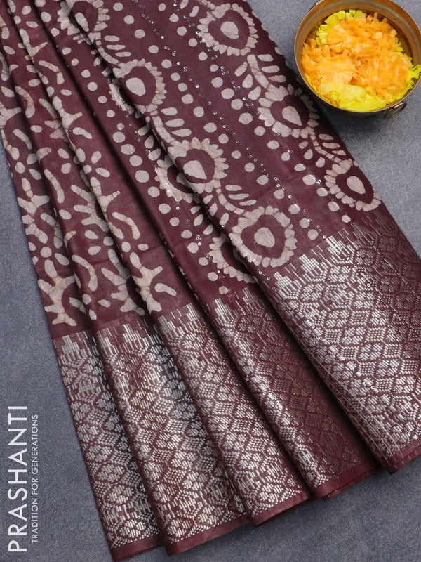 Semi tussar saree coffee brown with allover batik prints & sequin work pallu and long temple design silver zari woven border